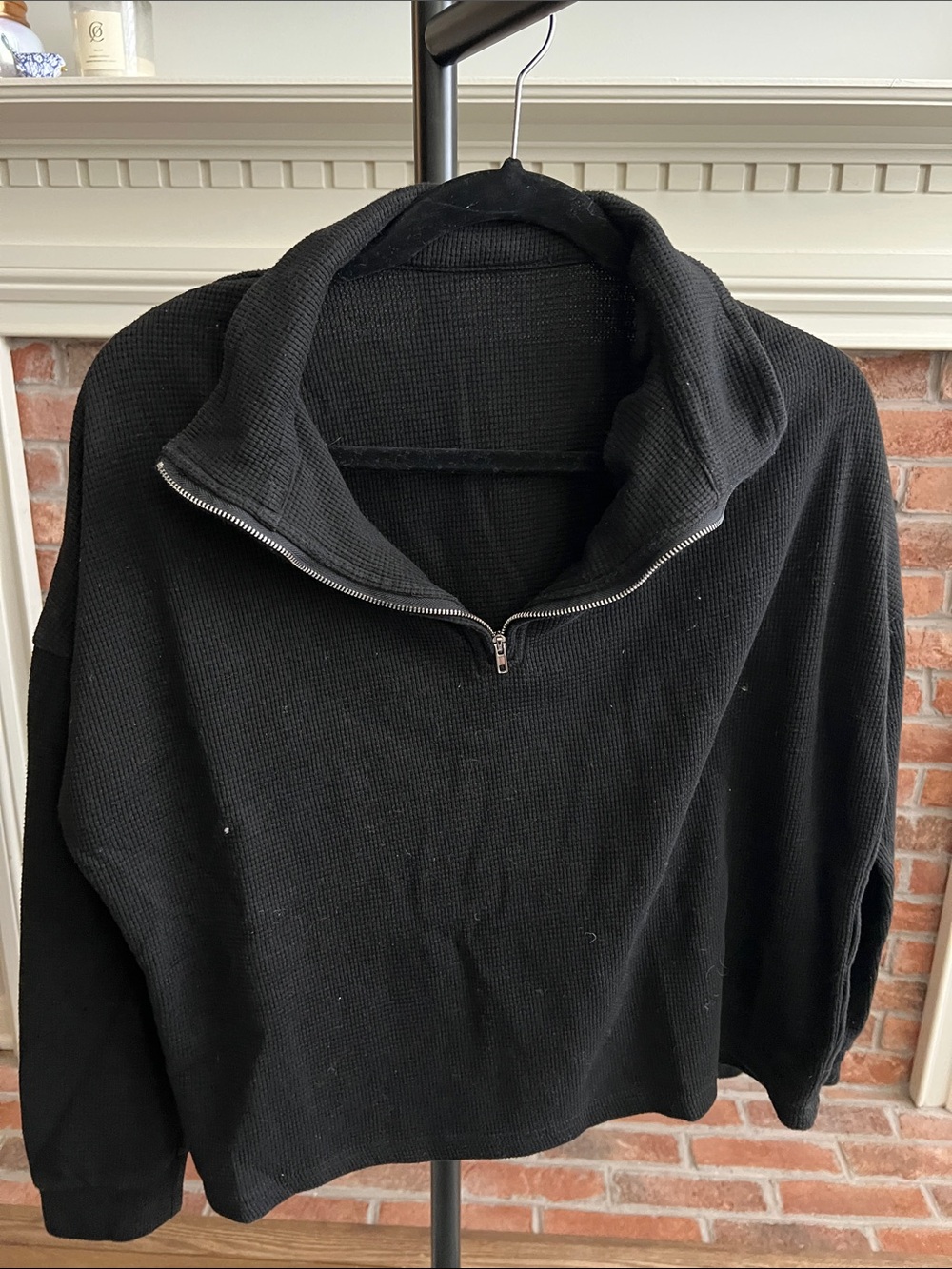 Women's Black Half-Zip Waffle-Knit Pullover Sweatshirt